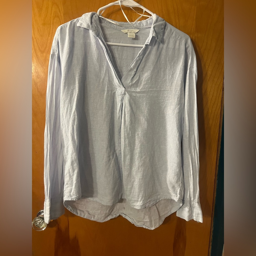 H & M Women's long sleeve Pullover top size 0 Blue / White Linen Blend